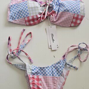 Brazilian Pink Gingham Bandeau Plaid Bikiniswimsuit  Size S NWT